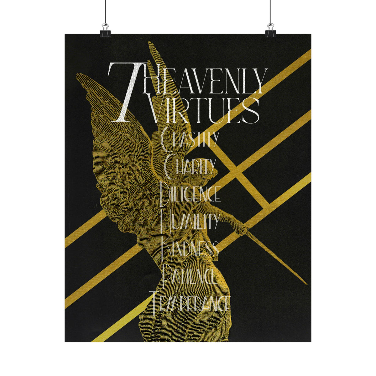 7 Heavenly Virtues Poster, Christian Wall Art, Gold Angel Home Decor, Baptism Gift