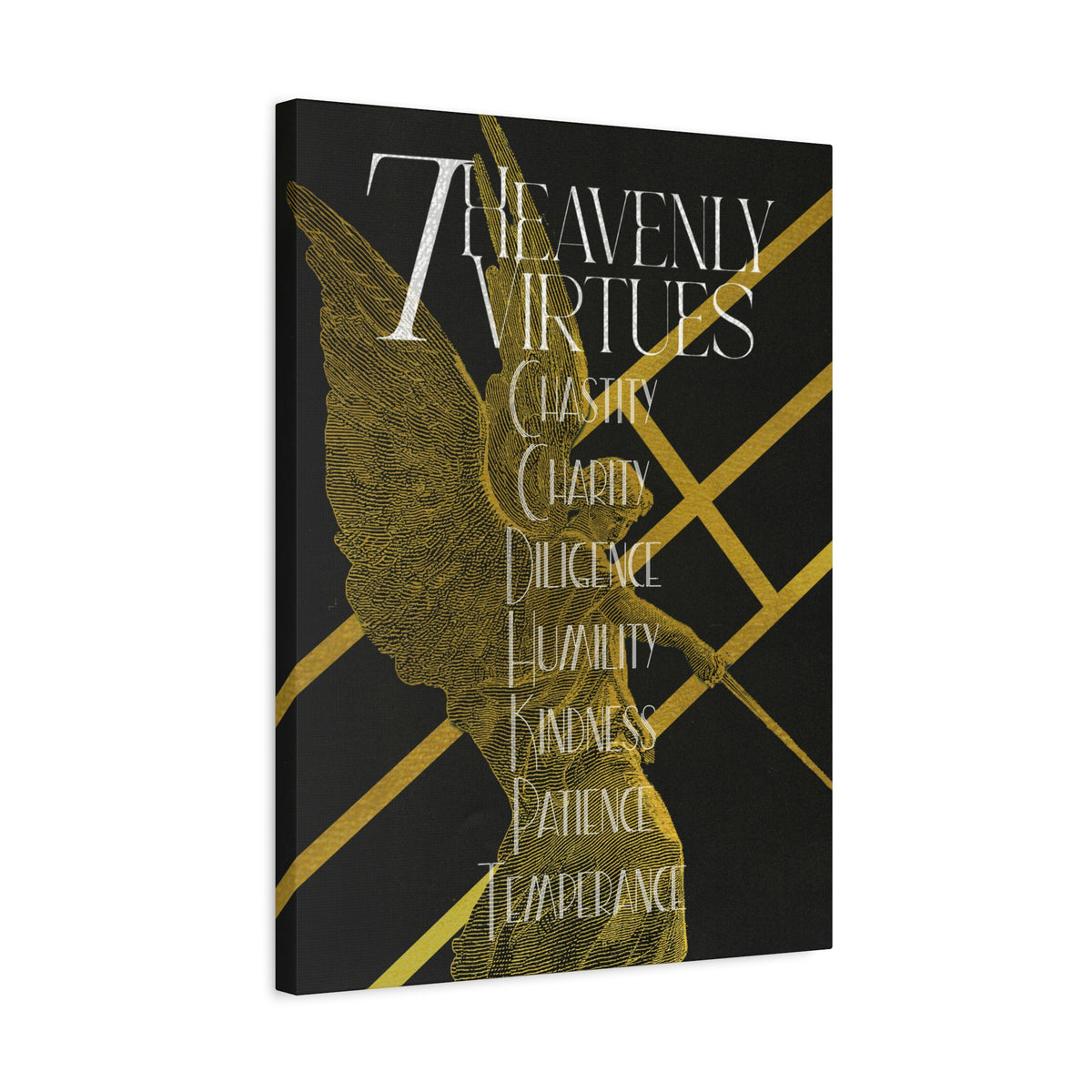 7 Heavenly Virtues Canvas, Christian Wall Art, Gold Angel Home Decor, Baptism Gift
