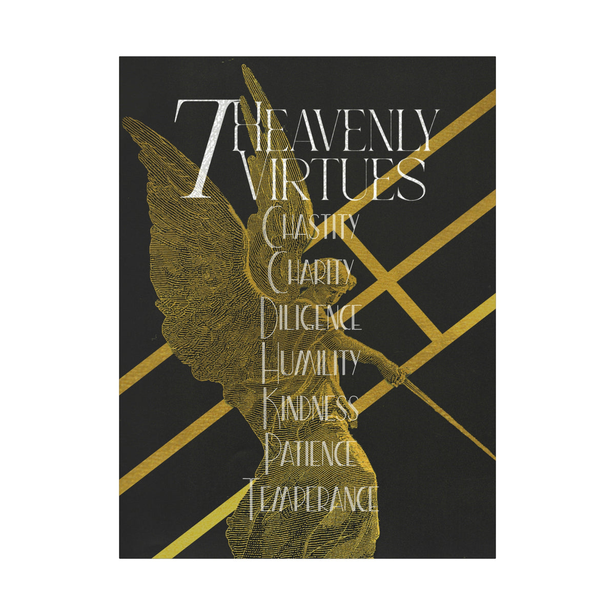 7 Heavenly Virtues Canvas, Christian Wall Art, Gold Angel Home Decor, Baptism Gift
