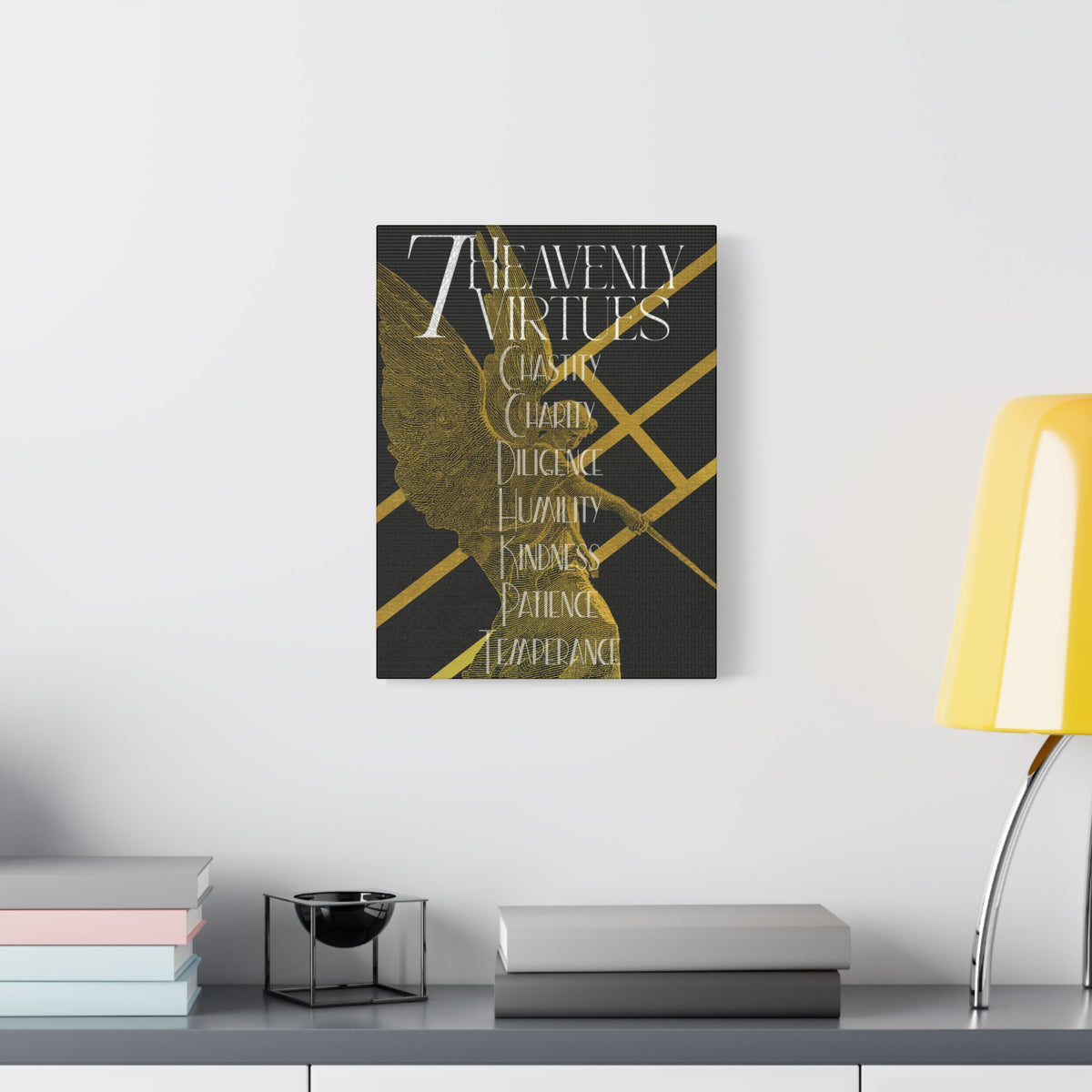 7 Heavenly Virtues Canvas, Christian Wall Art, Gold Angel Home Decor, Baptism Gift