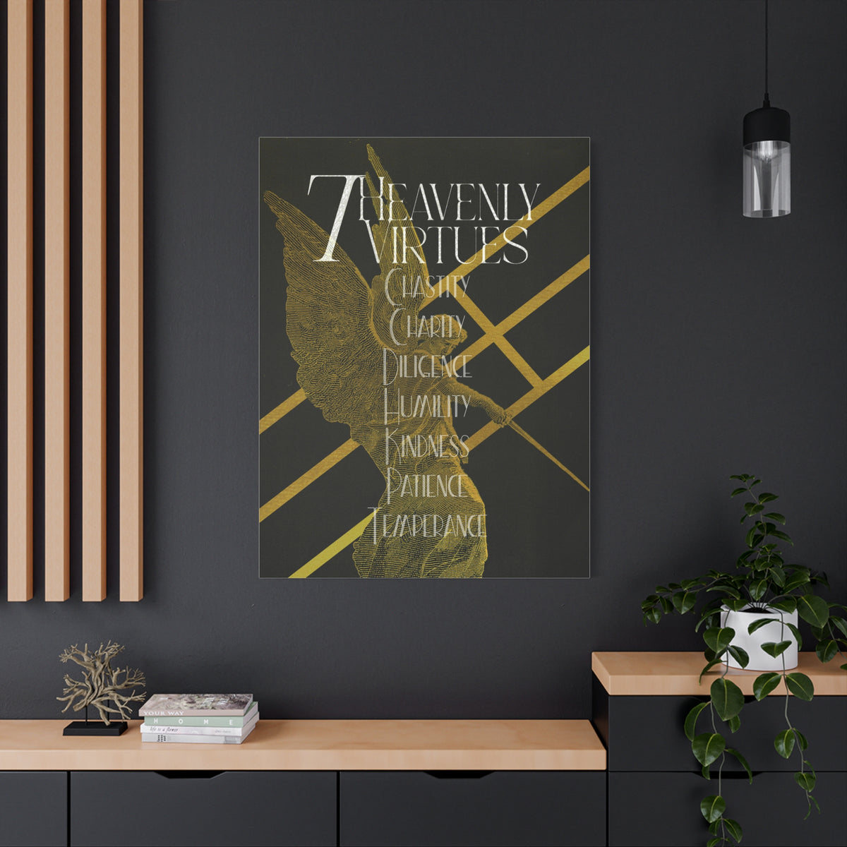 (DEMO) Heavenly Virtues Gold Angel Matte Canvas Wall Art – Inspirational Religious Quote Print