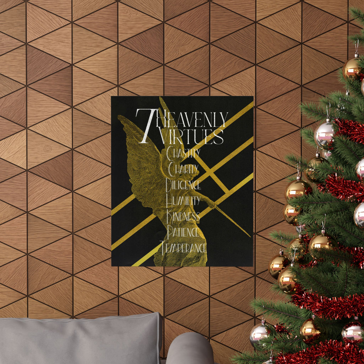 7 Heavenly Virtues Poster, Christian Wall Art, Gold Angel Home Decor, Baptism Gift