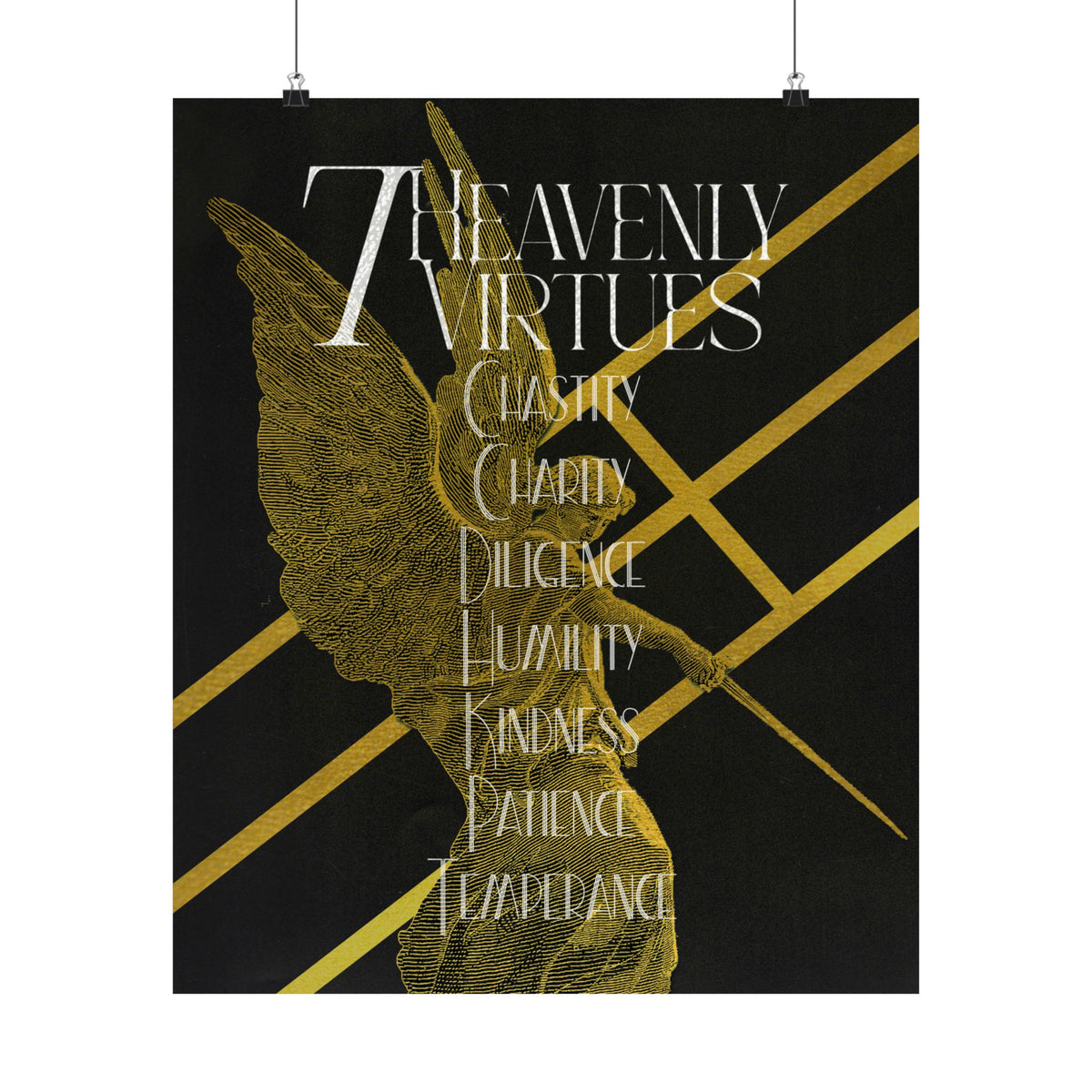7 Heavenly Virtues Poster, Christian Wall Art, Gold Angel Home Decor, Baptism Gift