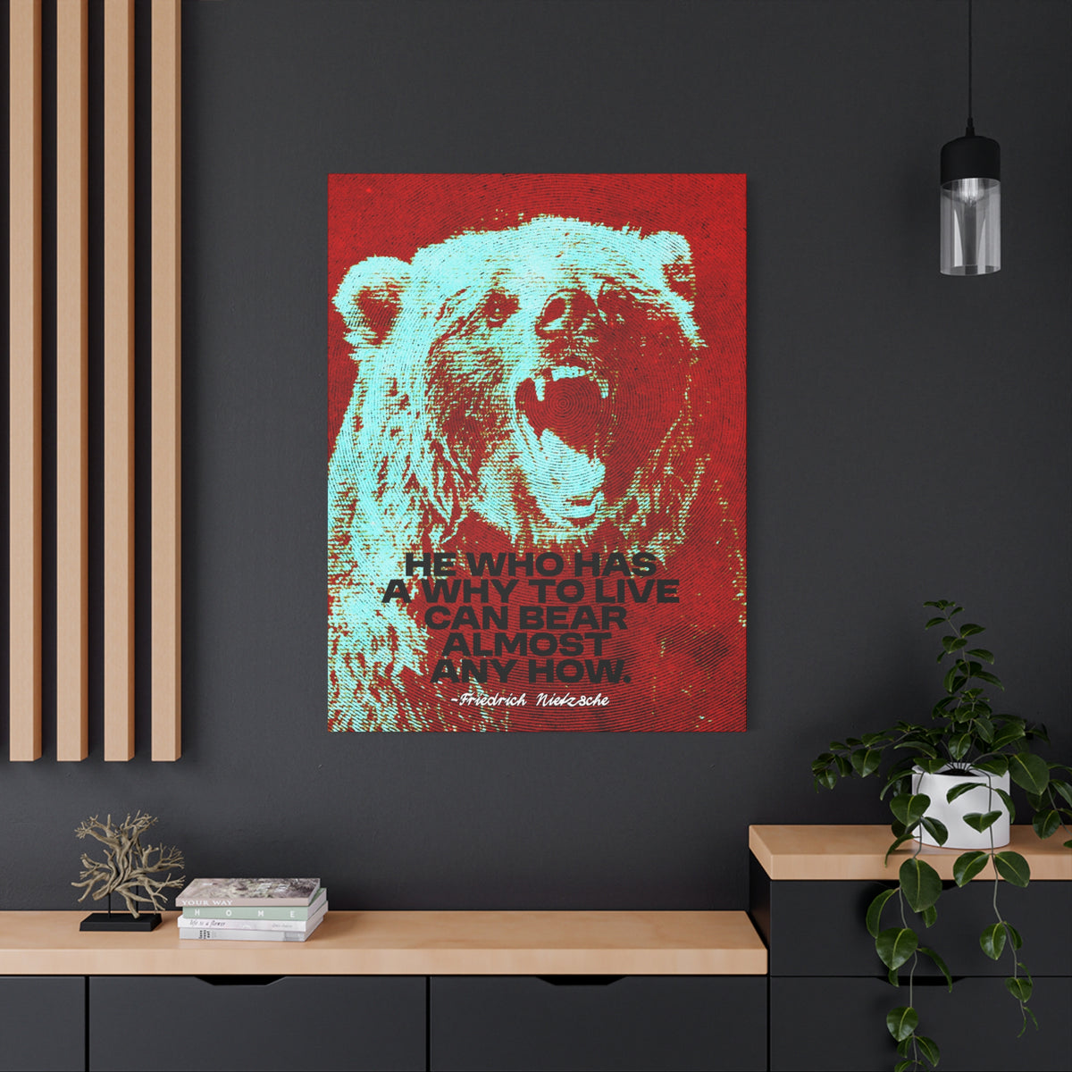 Nietzsche Quote Canvas, He Who Has a Why, Bear Wall Art for Home Gym or Office