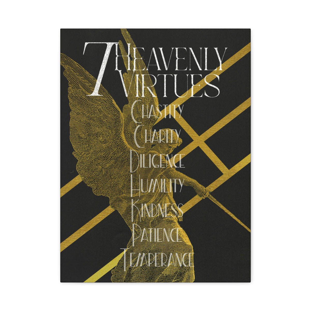 7 Heavenly Virtues Canvas, Christian Wall Art, Gold Angel Home Decor, Baptism Gift