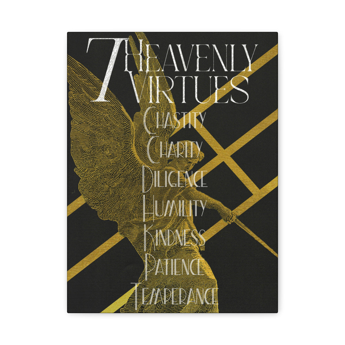 7 Heavenly Virtues Canvas, Christian Wall Art, Gold Angel Home Decor, Baptism Gift