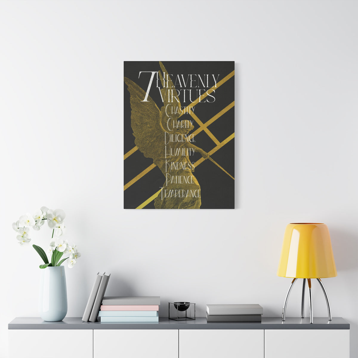 7 Heavenly Virtues Canvas, Christian Wall Art, Gold Angel Home Decor, Baptism Gift