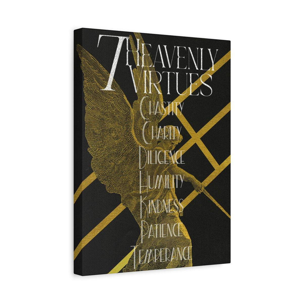 7 Heavenly Virtues Canvas, Christian Wall Art, Gold Angel Home Decor, Baptism Gift