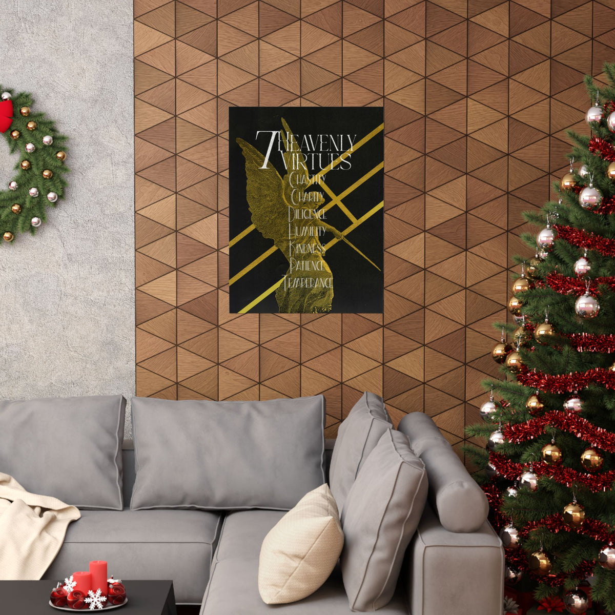 7 Heavenly Virtues Poster, Christian Wall Art, Gold Angel Home Decor, Baptism Gift