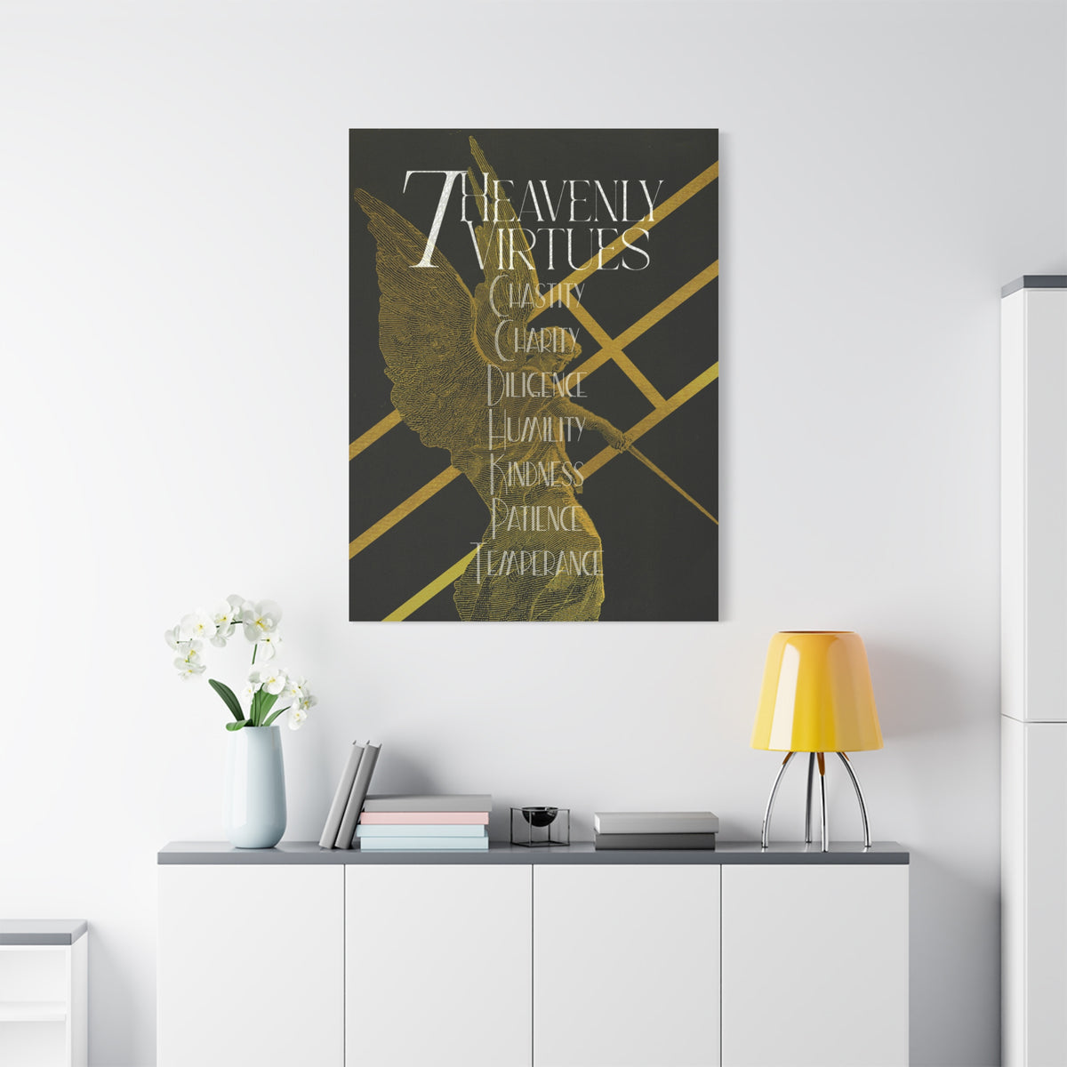 (DEMO) Heavenly Virtues Gold Angel Matte Canvas Wall Art – Inspirational Religious Quote Print