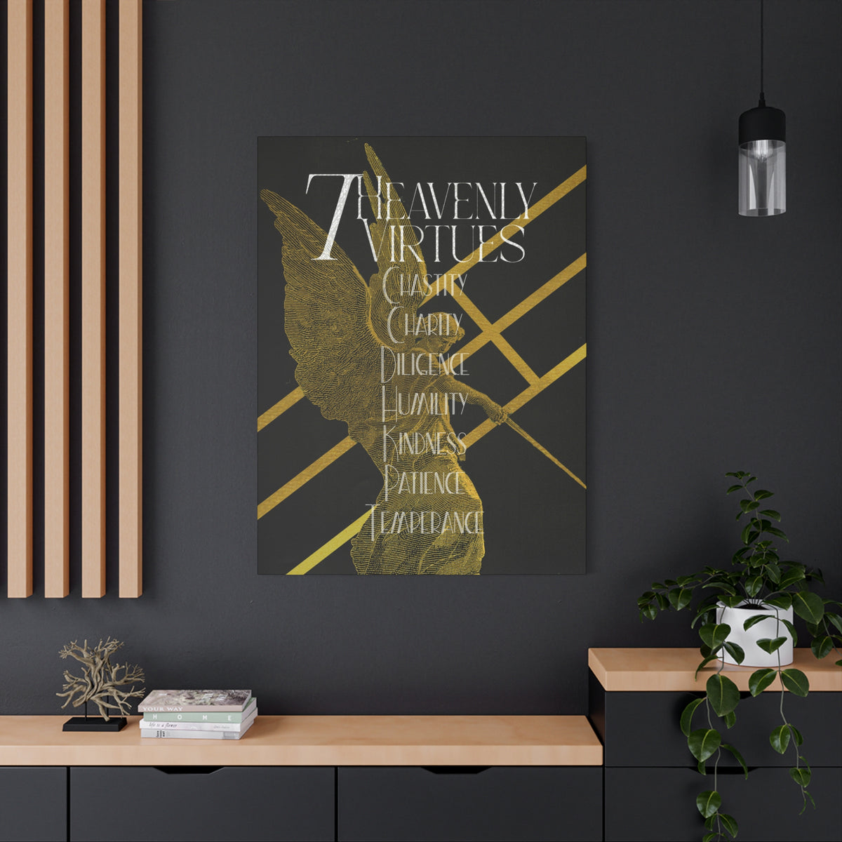 7 Heavenly Virtues Canvas, Christian Wall Art, Gold Angel Home Decor, Baptism Gift