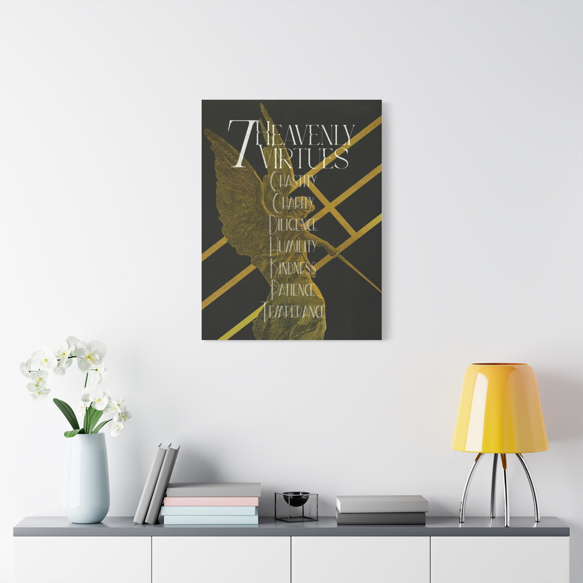 (DEMO) Heavenly Virtues Gold Angel Matte Canvas Wall Art – Inspirational Religious Quote Print