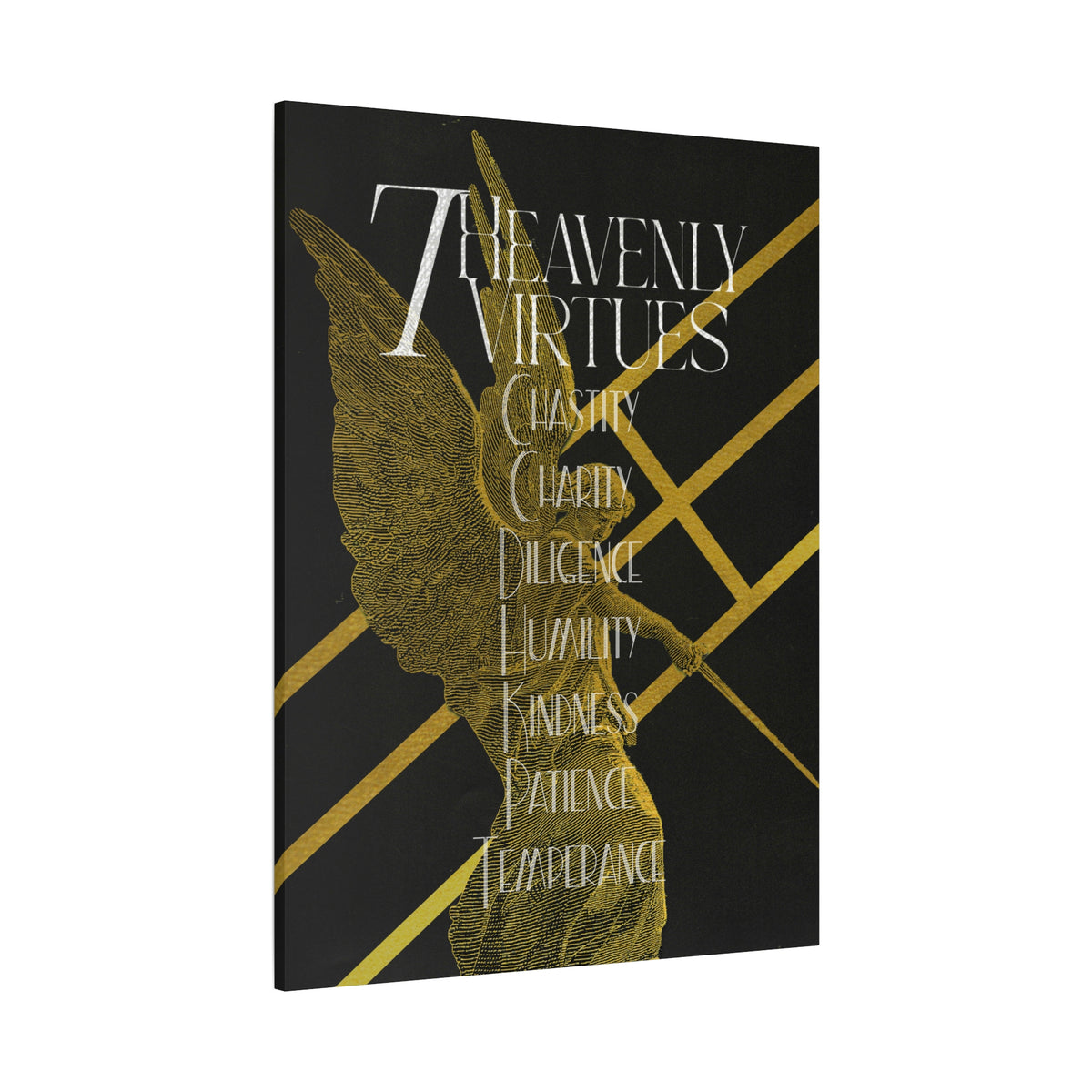 7 Heavenly Virtues Canvas, Christian Wall Art, Gold Angel Home Decor, Baptism Gift