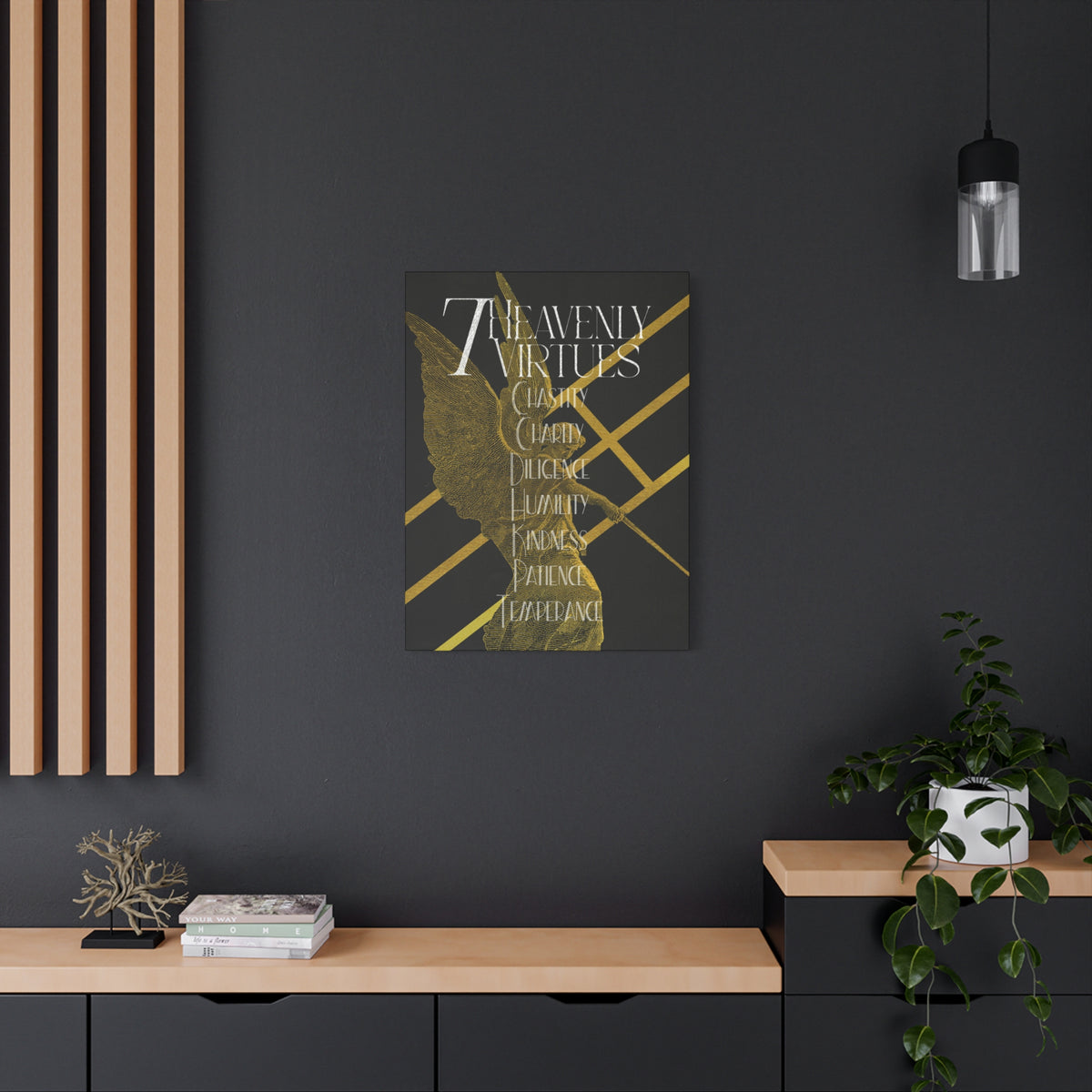 7 Heavenly Virtues Canvas, Christian Wall Art, Gold Angel Home Decor, Baptism Gift