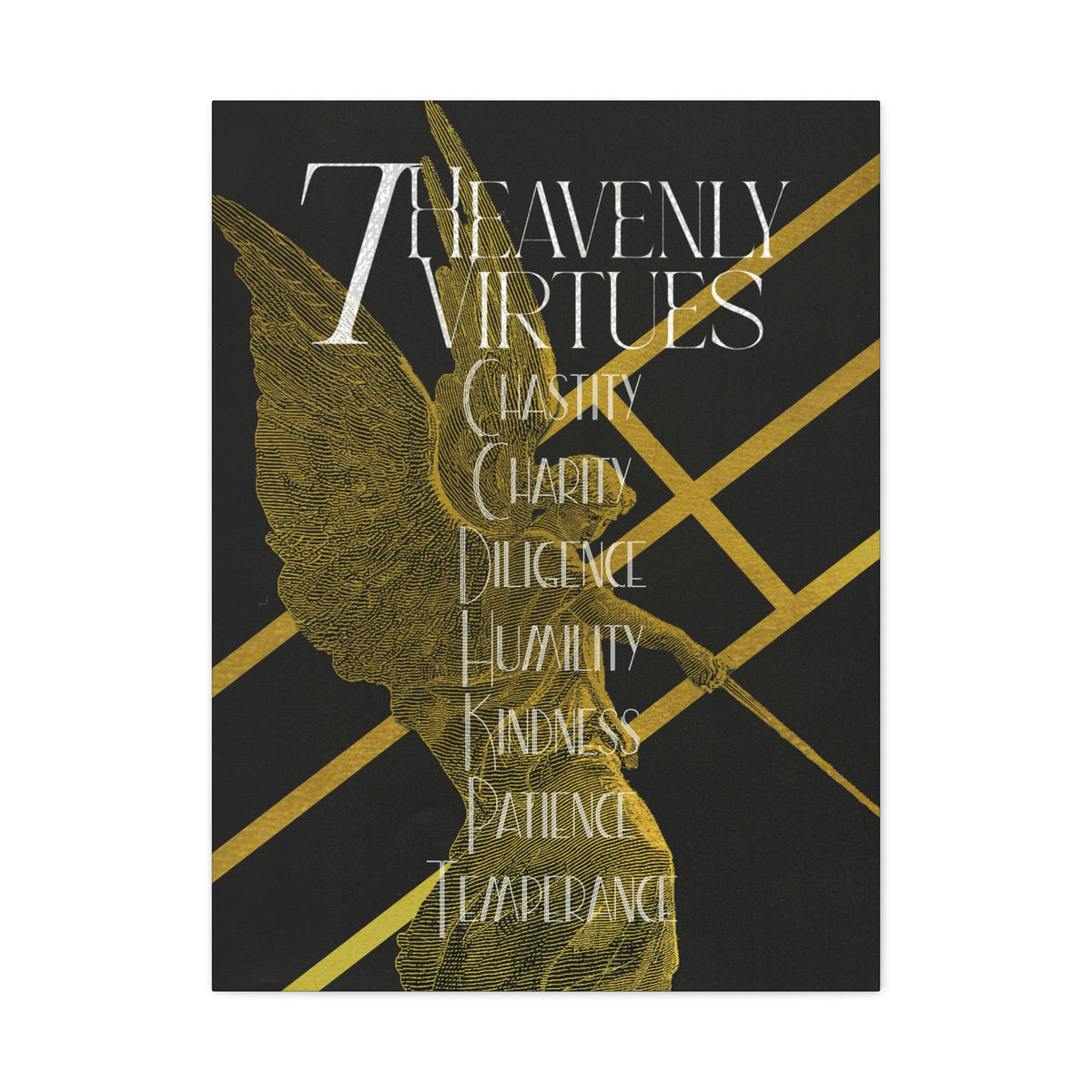 7 Heavenly Virtues Canvas, Christian Wall Art, Gold Angel Home Decor, Baptism Gift