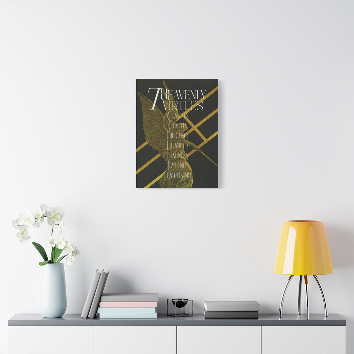 (DEMO) Heavenly Virtues Gold Angel Matte Canvas Wall Art – Inspirational Religious Quote Print
