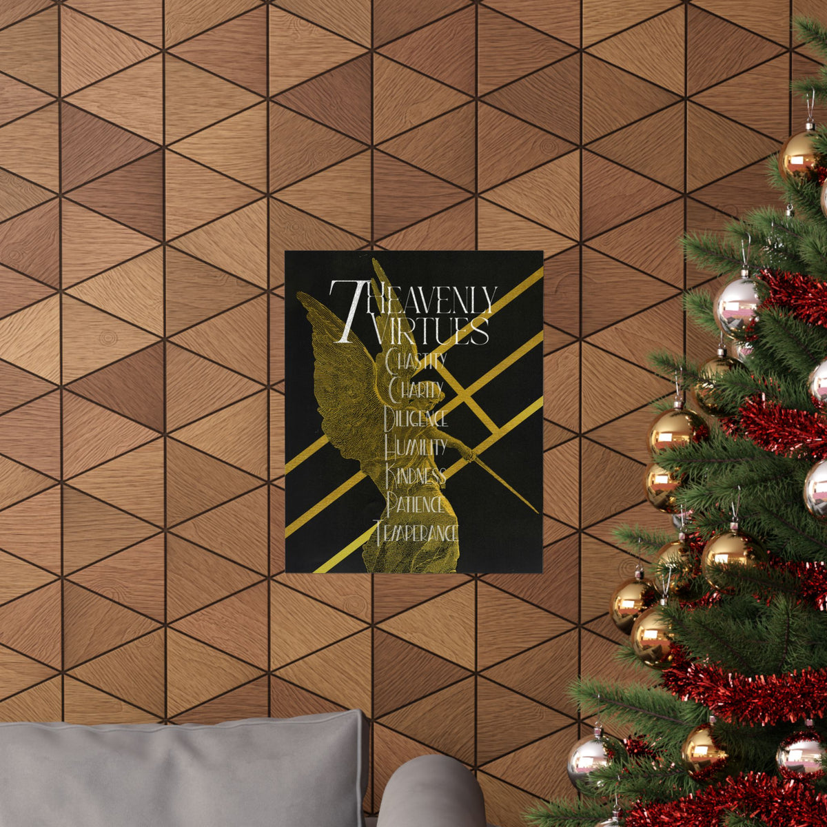 7 Heavenly Virtues Poster, Christian Wall Art, Gold Angel Home Decor, Baptism Gift