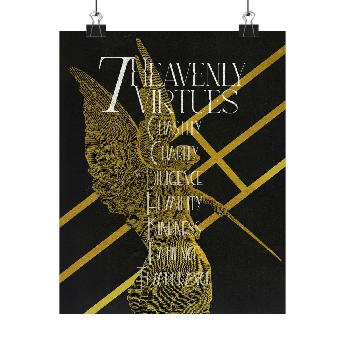 7 Heavenly Virtues Poster, Christian Wall Art, Gold Angel Home Decor, Baptism Gift