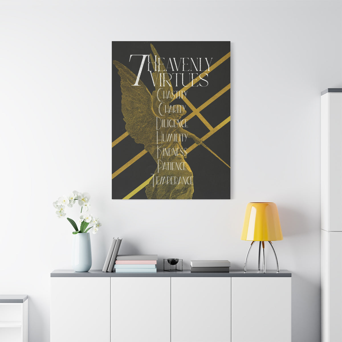 7 Heavenly Virtues Canvas, Christian Wall Art, Gold Angel Home Decor, Baptism Gift