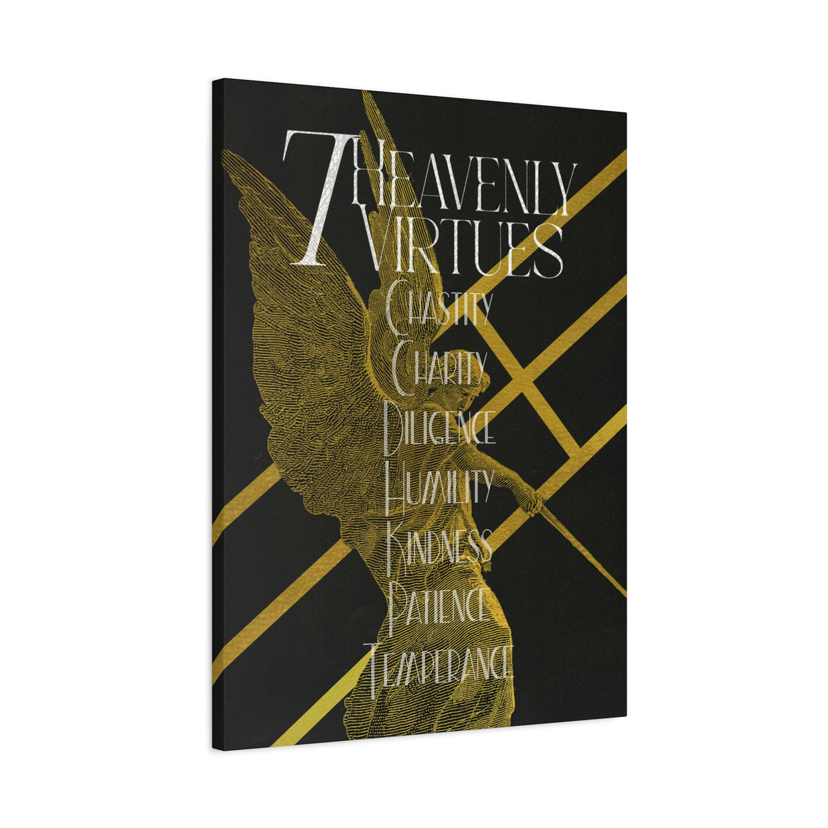 7 Heavenly Virtues Canvas, Christian Wall Art, Gold Angel Home Decor, Baptism Gift