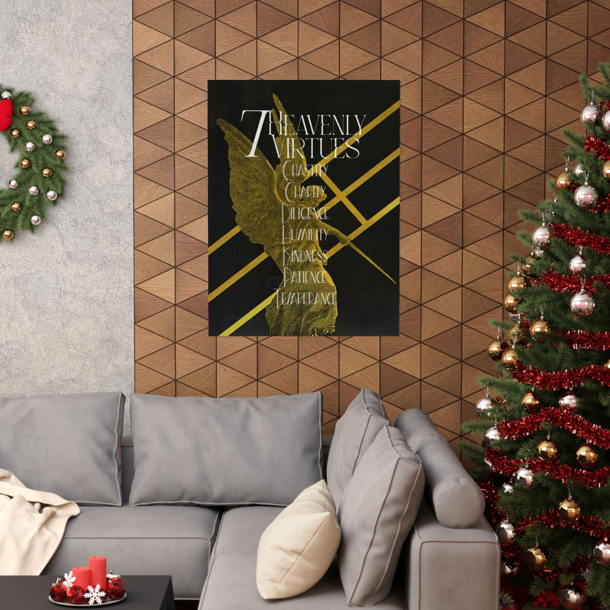 7 Heavenly Virtues Poster, Christian Wall Art, Gold Angel Home Decor, Baptism Gift