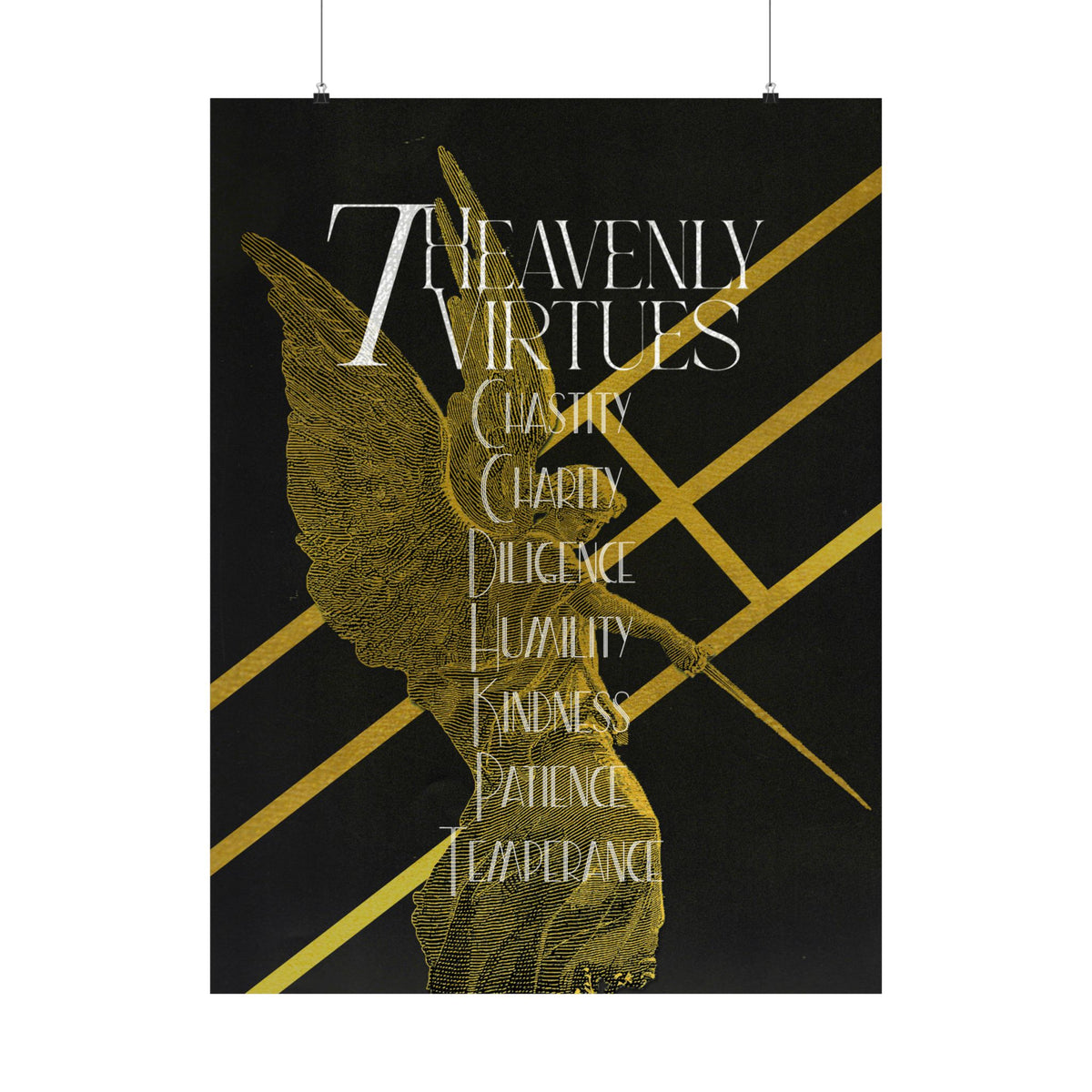 7 Heavenly Virtues Poster, Christian Wall Art, Gold Angel Home Decor, Baptism Gift