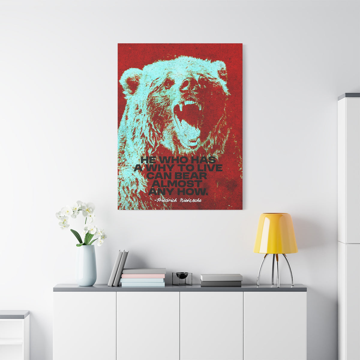 Nietzsche Quote Canvas, He Who Has a Why, Bear Wall Art for Home Gym or Office
